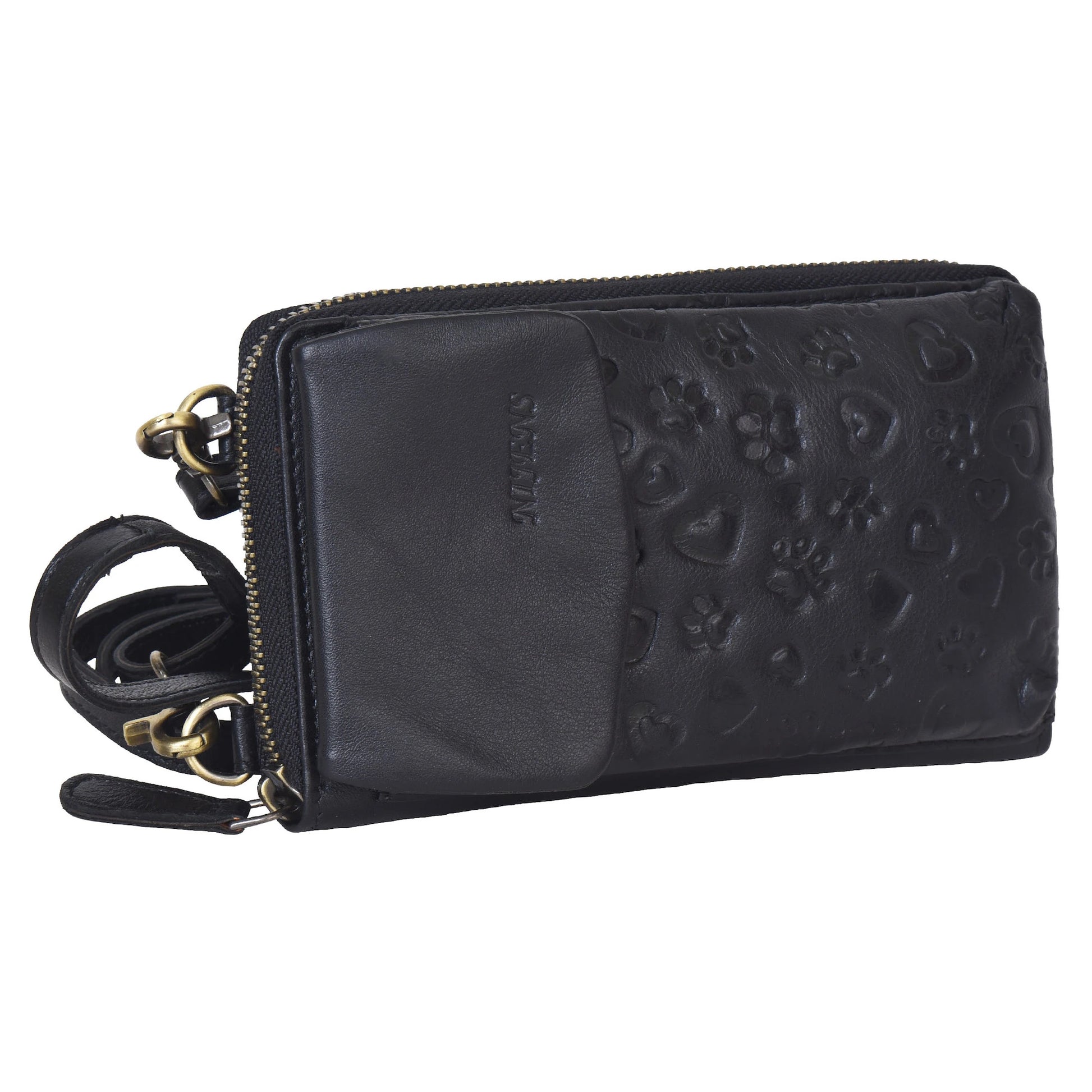 Handytasche inklusive Portemonnaie aus Nappaleder Schwarz mit kleinen Pfoten&Herzprägungen. Portemonnaie ist verschließbar mit Reißverschluss.