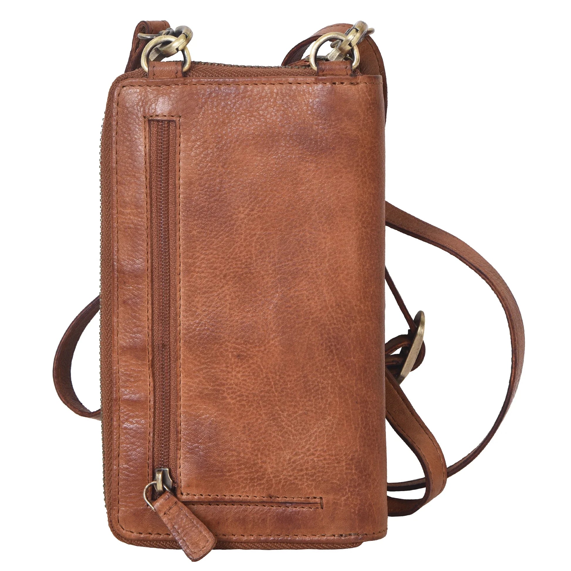 Schlichte Handytasche inklusive Portemonnaie aus braunem Leder mit  Reißverschlussfach hinten