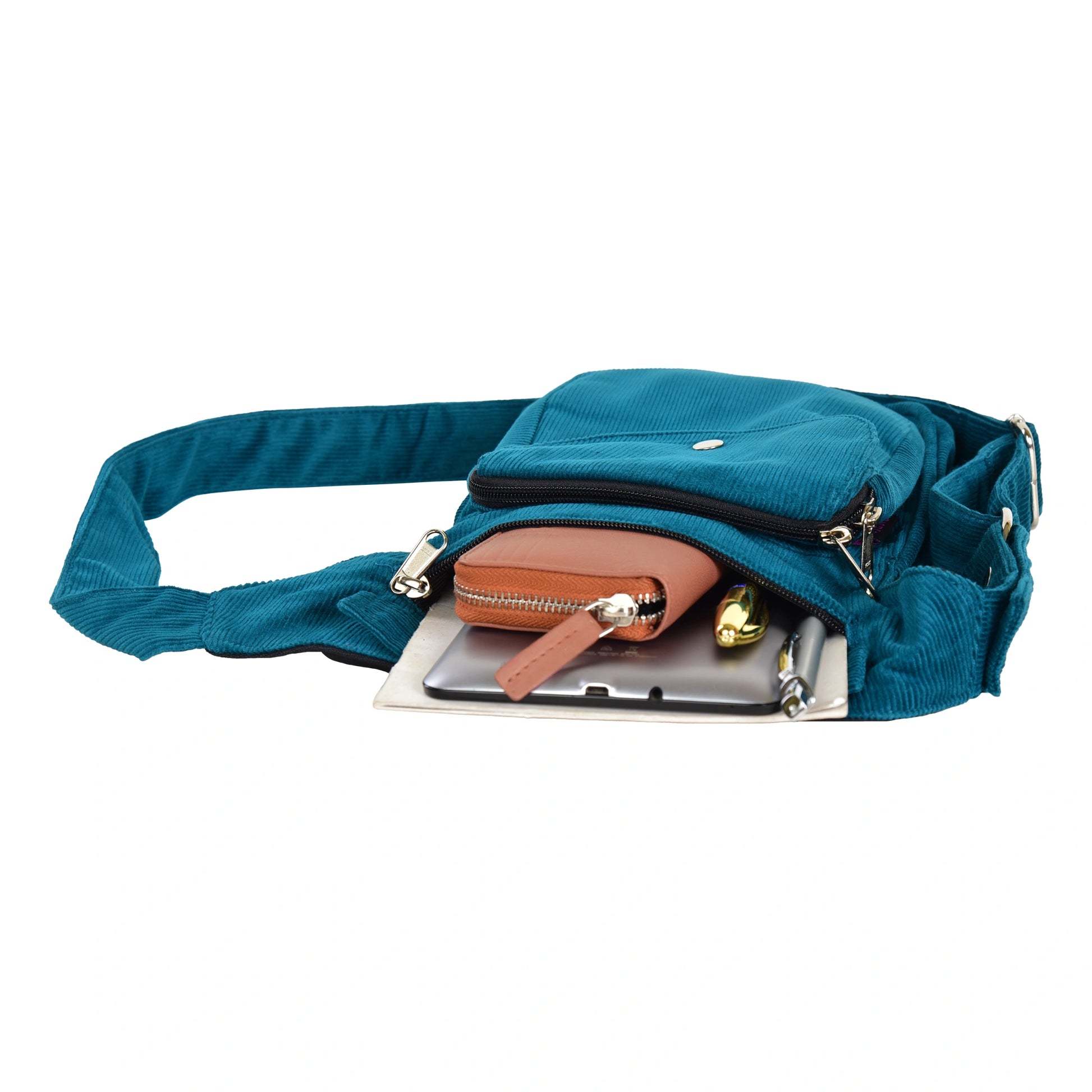 Gürteltasche, Gassi-Tasche aus Cord Blau. Das Hauptfach und vordere Reißverschlussfach bietet Platz für Handy, Portemonnaie und andere Kleinigkeiten.