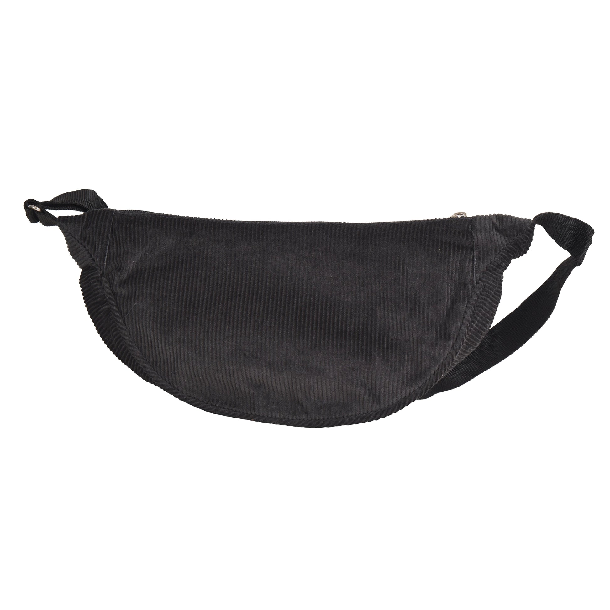Kleine Crossbody-Bag, Umhängetasche aus anthrazitfarbenen Cordsamt in Halbmondform.