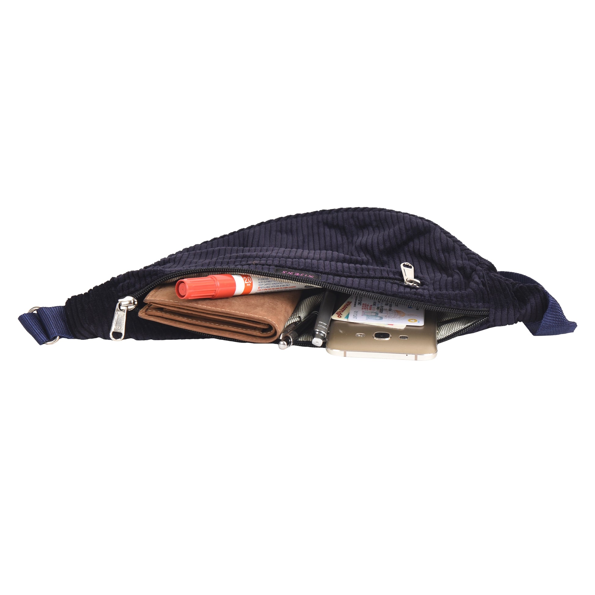 Kleine Crossbody-Bag, Umhängetasche aus Cordsamt Navyblau. Das Hauptfach bietet Platz für Andy, Portemonnaie und andere Kleinigkeiten.