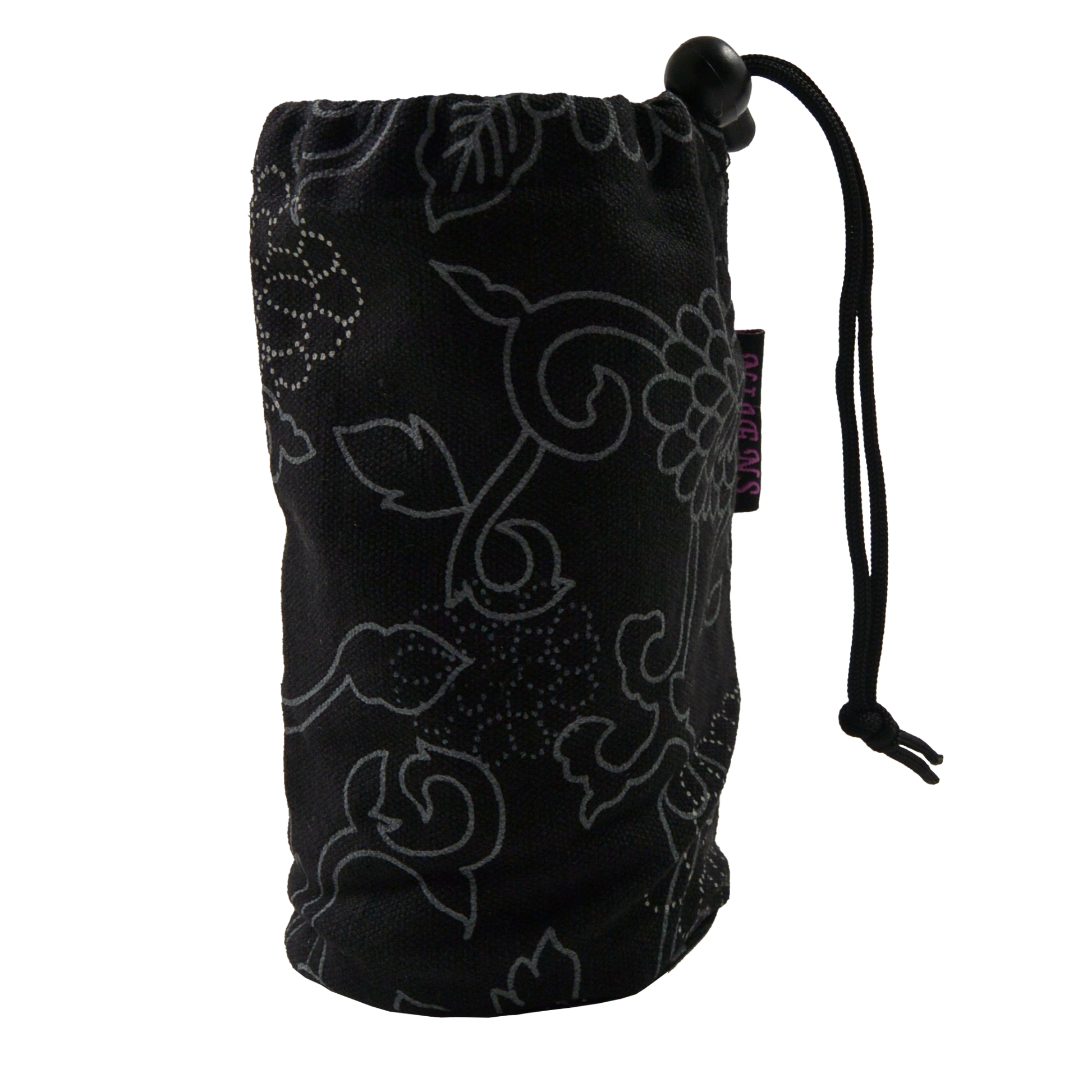 Flaschenbeutel aus Stoff, schwarz mit Ornamenten für den Gürtel . Verschließbar mit einem Kordelzug.
