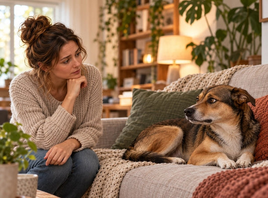 Hundebsitzerin schaut besorgt auf Ihren Hund, der auf dem Sofa liegt und sich nicht wegbewegen möchte.