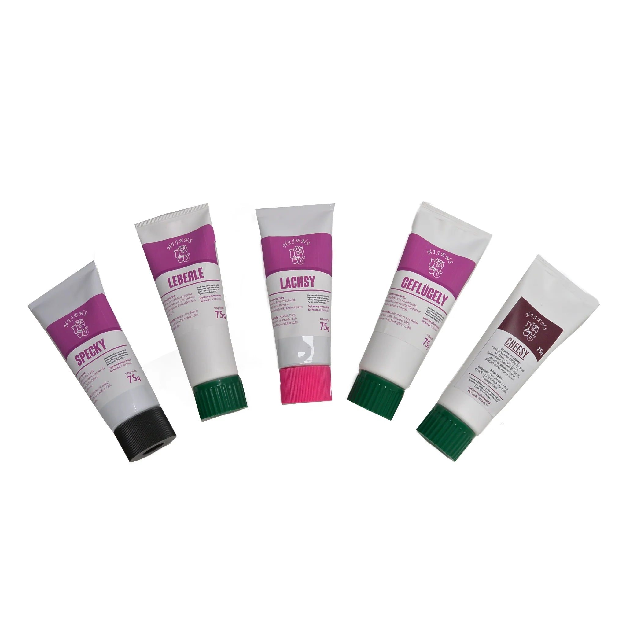 Fünf Tuben Hundewurst in verschiedenen Geschmacksrichtungen – Specky, Leberle, Lachsy, Geflügely und Cheesy – als praktische Leckerlipaste für Hunde.