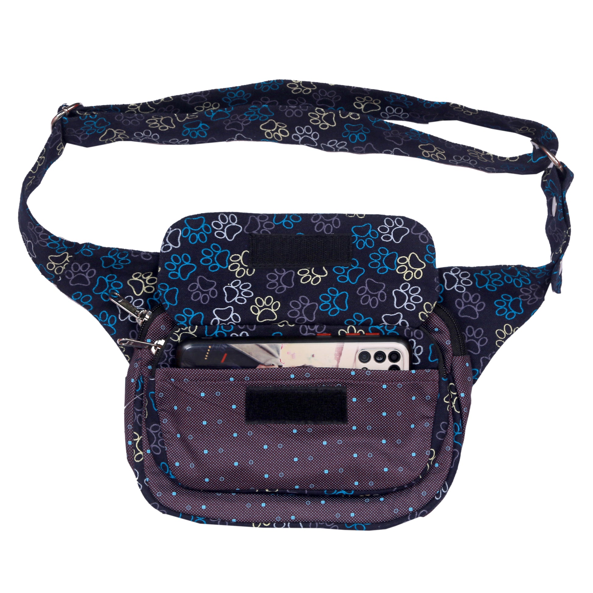Gassi-Tasche für Hunde Wanderung, Handyfach, Bauchtasche aus Stoff Lila Pfotenmuster