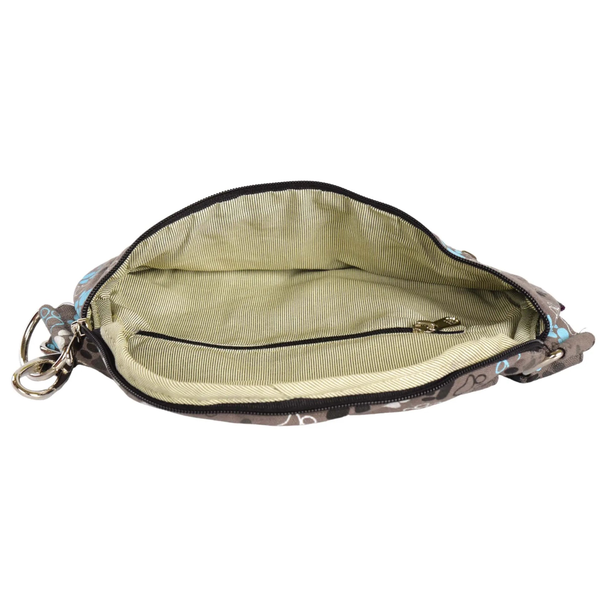 Bauchtasche sowie Crossbodybag aus Canvas in Grau mit großem Pfotendruck und integriertem Reißverschlussfach im Hauptfach.