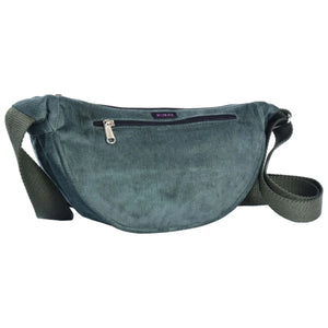 Crossbody-Bag, kleine Umhängetasche aus Cord samt, in Olivgrün. Hauptfach und Seitenfach außen sind mit einem Reißverschluss verschließbar.
