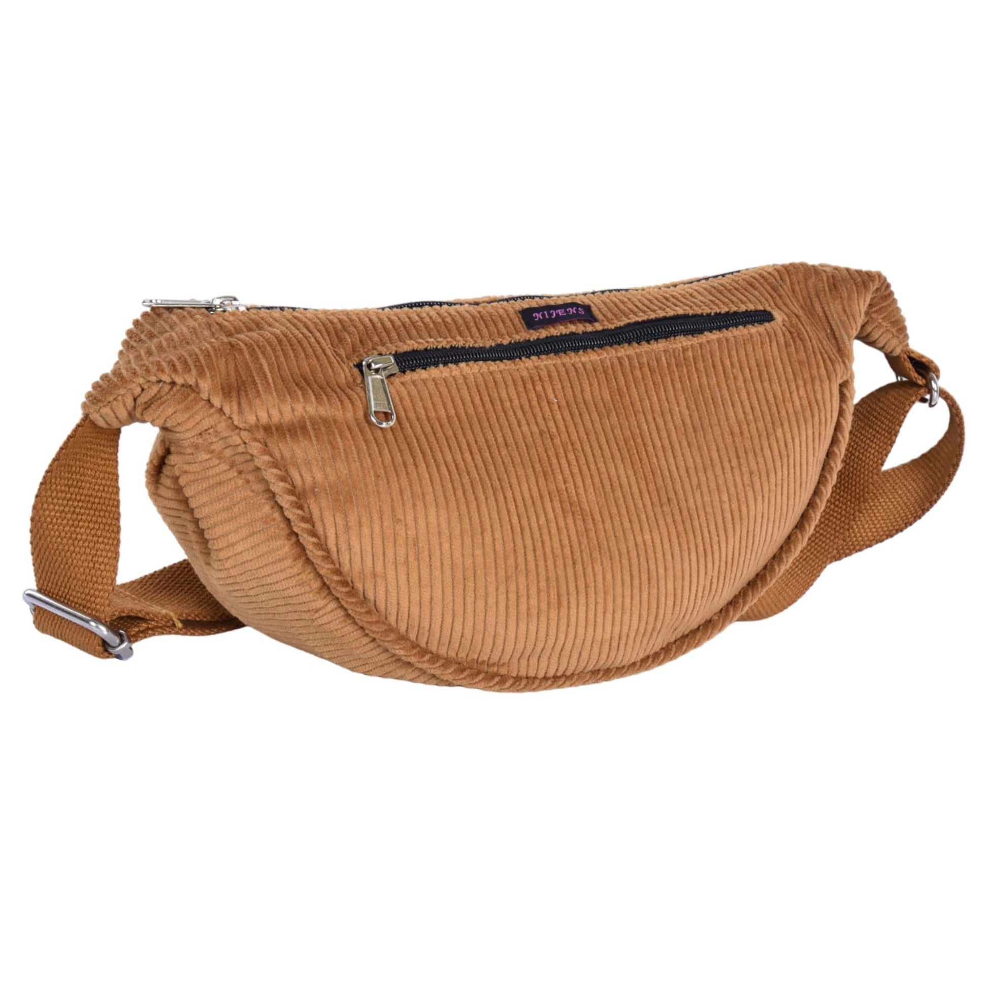 Crossbody-Bag, kleine Umhängetasche aus Cord samt, in Goldbraun. Hauptfach und Seitenfach außen sind mit einem Reißverschluss verschließbar.