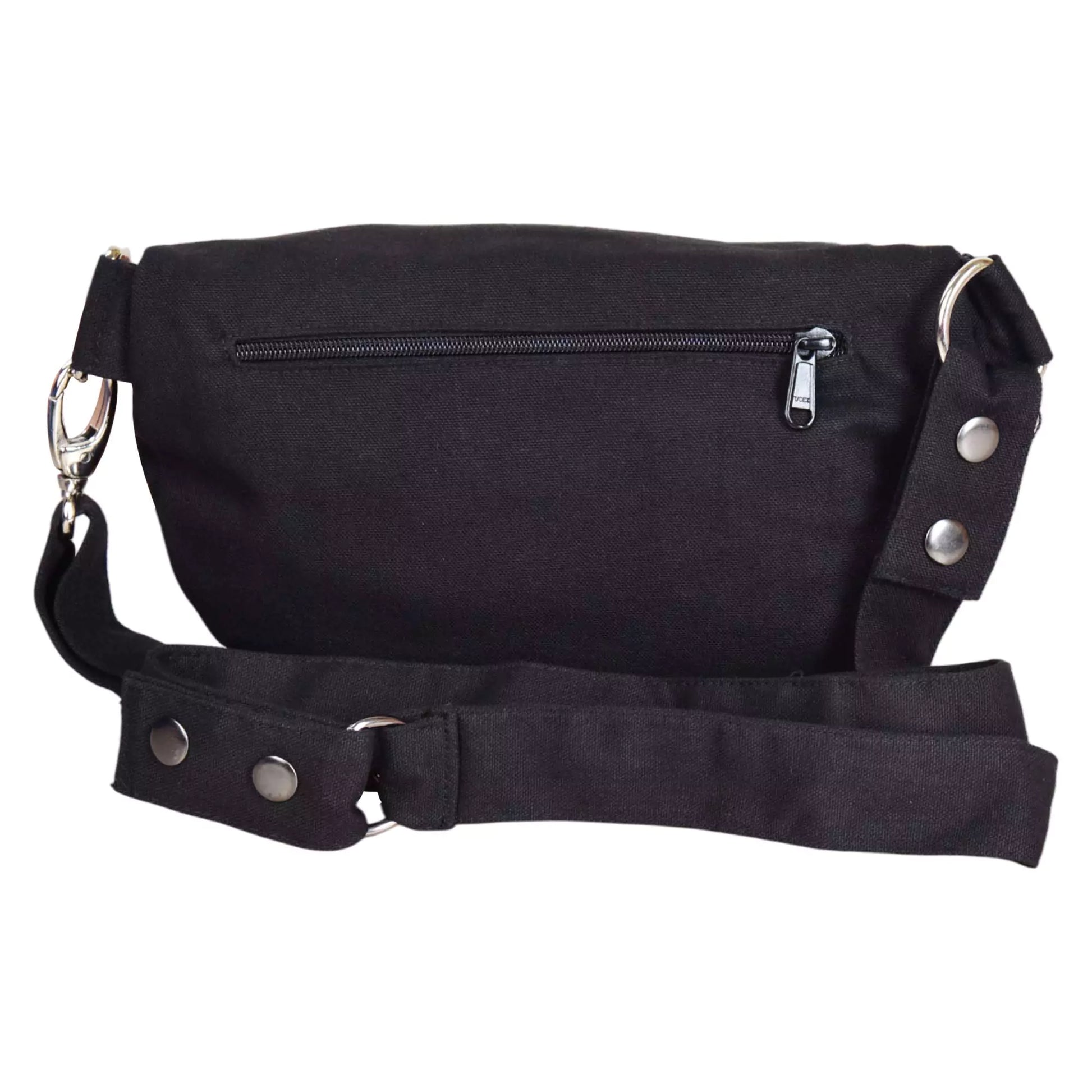 Crossbodybag aus Baumwollstoff, Schwarz, mit einem Reisverschlussfach auf der hinteren Seite.