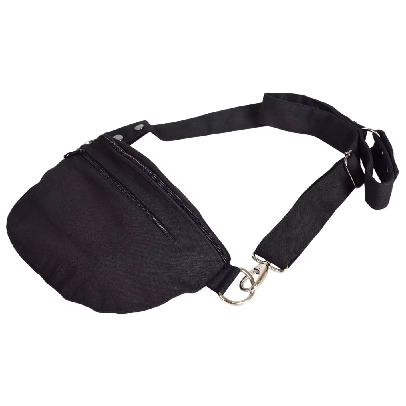 Bauchtasche sowie Crossbodybag aus Baumwollstoff, Schwarz, mit einem Hauptfach und einem Reißverschlussfach vorne.