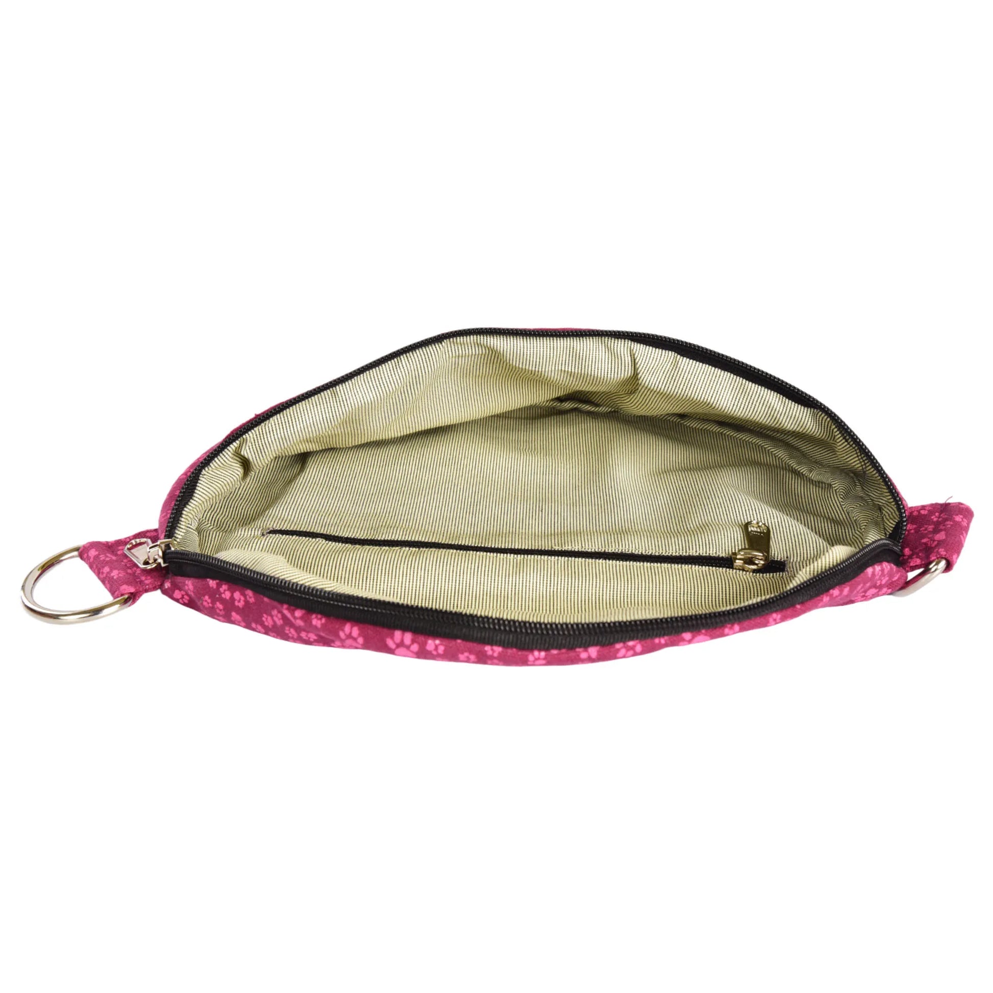 Bauchtasche sowie Crossbodybag aus Canvas in Magenta, mit rosafarbenen kleinen Pfötchen und integriertem Reißverschlussfach im Hauptfach.
