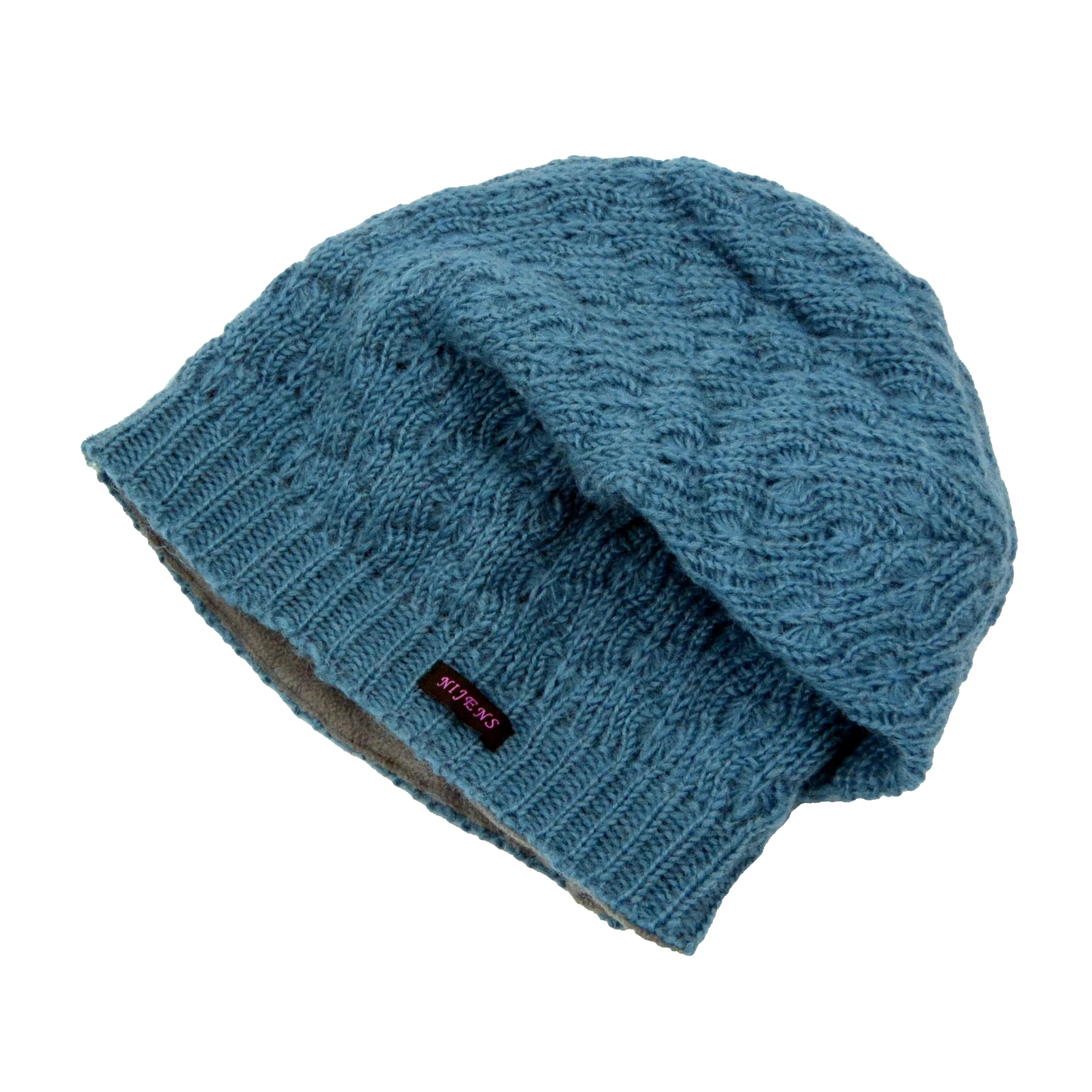 Long Beanie Mütze Handgestrickte aus Schurwolle Hellblau gefüttert mit Fleece. 