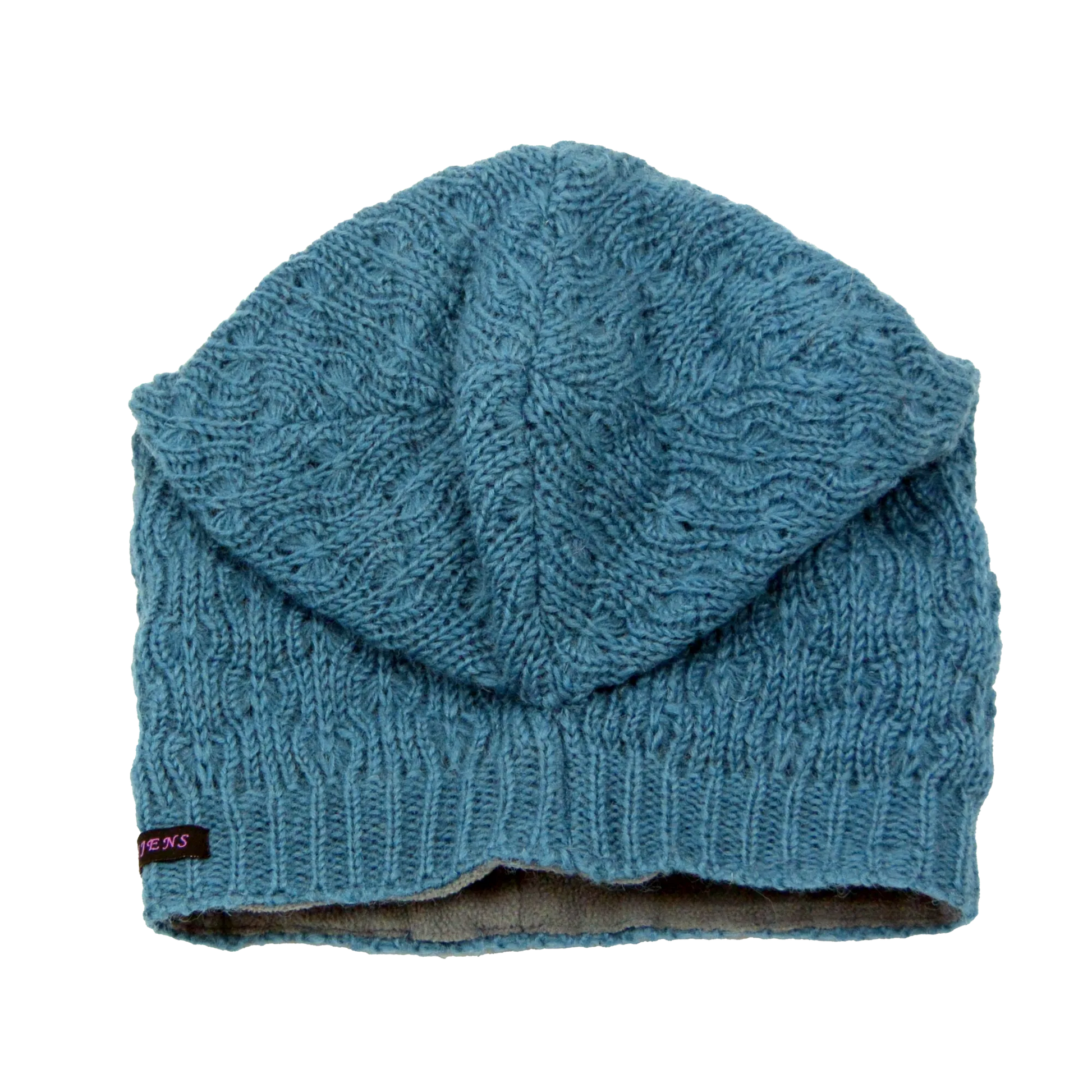 Long Beanie Mütze Handgestrickte aus Schurwolle Hellblau. Long Beanie Mütze mit fixierung am Hinterkopf.