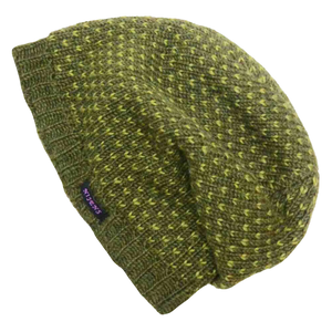 Long Beanie Mütze, Wollmütze mit zweifarbigem Strickmuster – Olivgrün, Hellgrün – aus Schurwolle. Innenfutter Fleece.