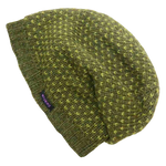 Long Beanie Mütze, Wollmütze mit zweifarbigem Strickmuster – Olivgrün, Hellgrün – aus Schurwolle. Innenfutter Fleece.