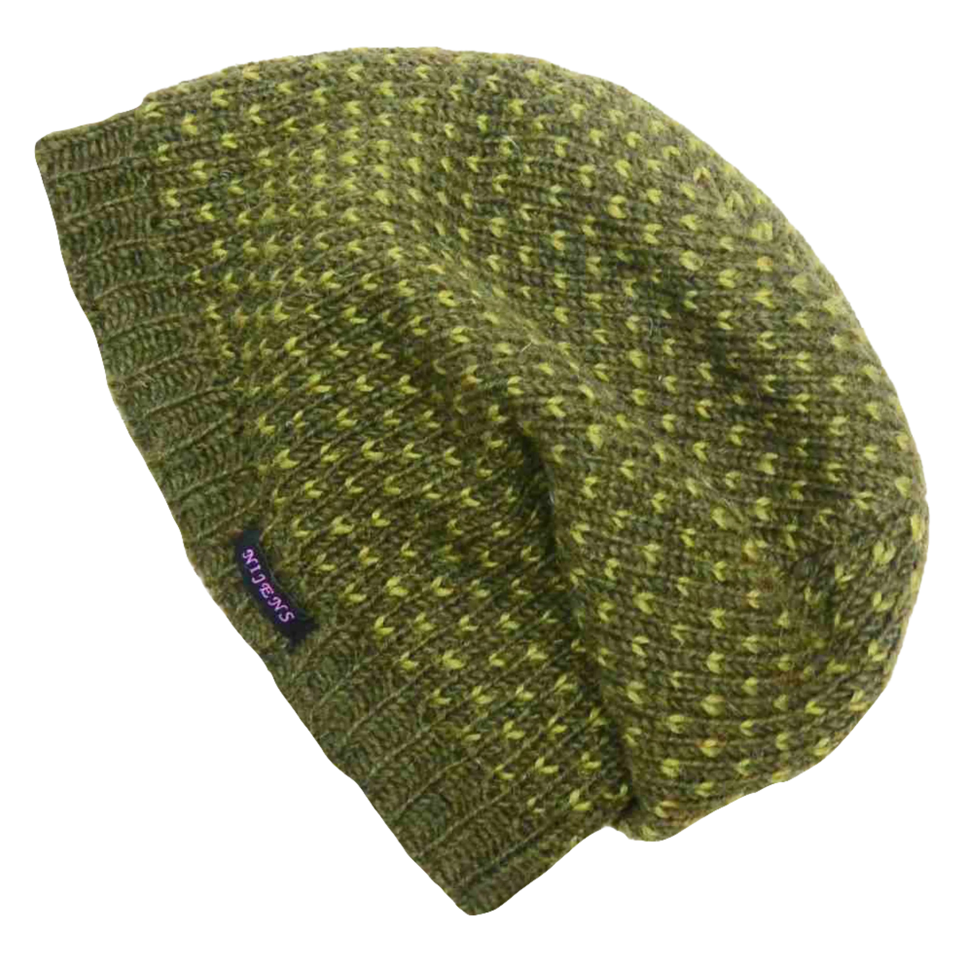 Long Beanie Mütze, Wollmütze mit zweifarbigem Strickmuster – Olivgrün, Hellgrün – aus Schurwolle. Innenfutter Fleece.