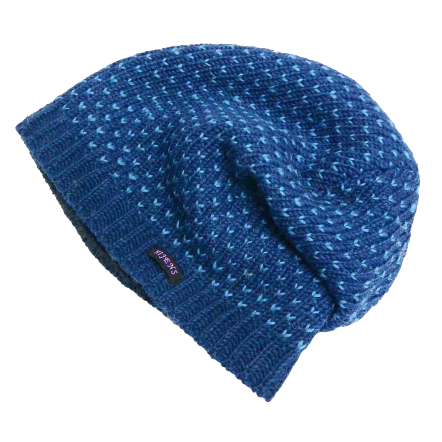 Long Beanie Mütze, Wollmütze mit zweifarbigem Strickmuster – Dunkelblau, Hellblau – aus Schurwolle. Innenfutter Fleece.