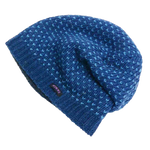 Long Beanie Mütze, Wollmütze mit zweifarbigem Strickmuster – Dunkelblau, Hellblau – aus Schurwolle. Innenfutter Fleece.