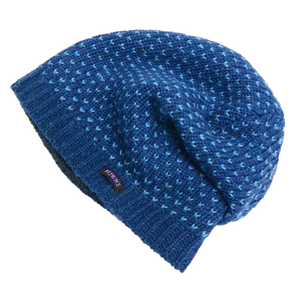 Long Beanie Mütze, Wollmütze mit zweifarbigem Strickmuster – Dunkelblau, Hellblau – aus Schurwolle. Innenfutter Fleece.