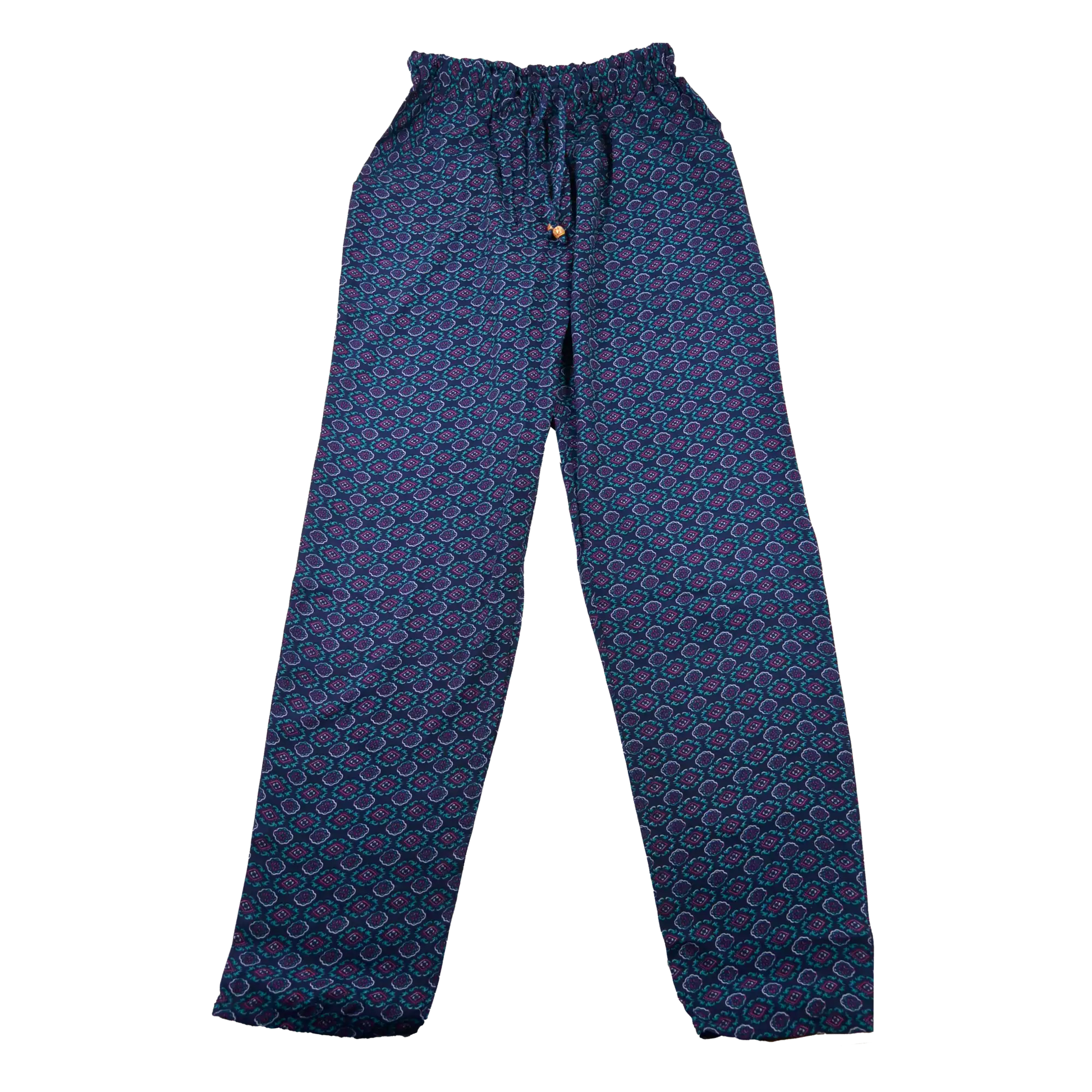 Hose aus Polyester, Marineblau Muster mit elastischen Bund und Kordelzug am Saum . Zwei Holzperlen schmücken die Kordelenden. Eingrifftasche an beiden Seiten.