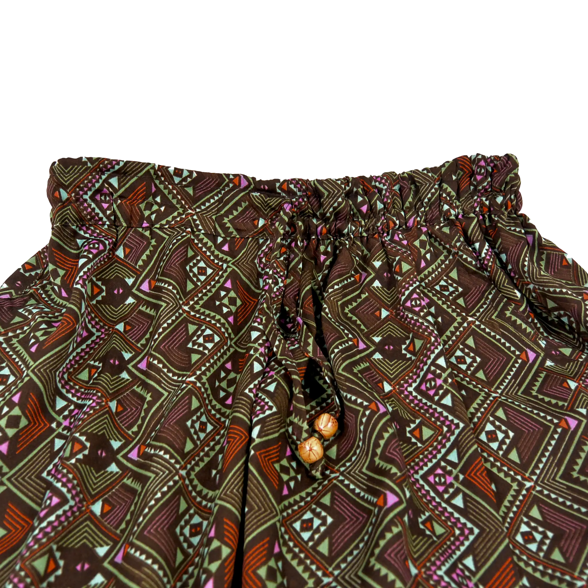 Hose aus Polyester, Khaki mit elastischen Bund und Kordelzug am Saum . Zwei Holzperlen schmücken die Kordelenden.