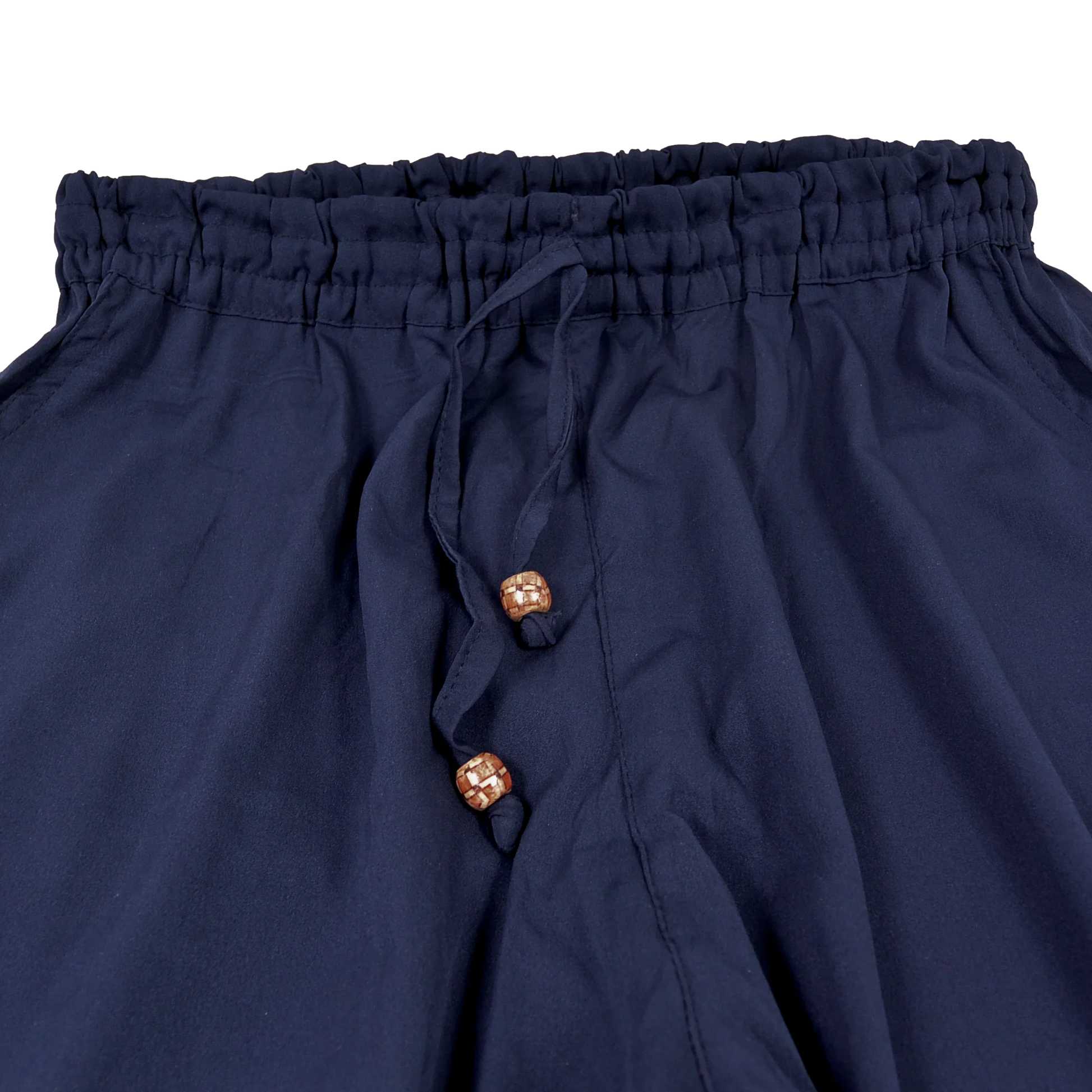 Hose aus Polyester, Violett mit elastischen Bund und Kordelzug am Saum . Zwei Holzperlen schmücken die Kordelenden
