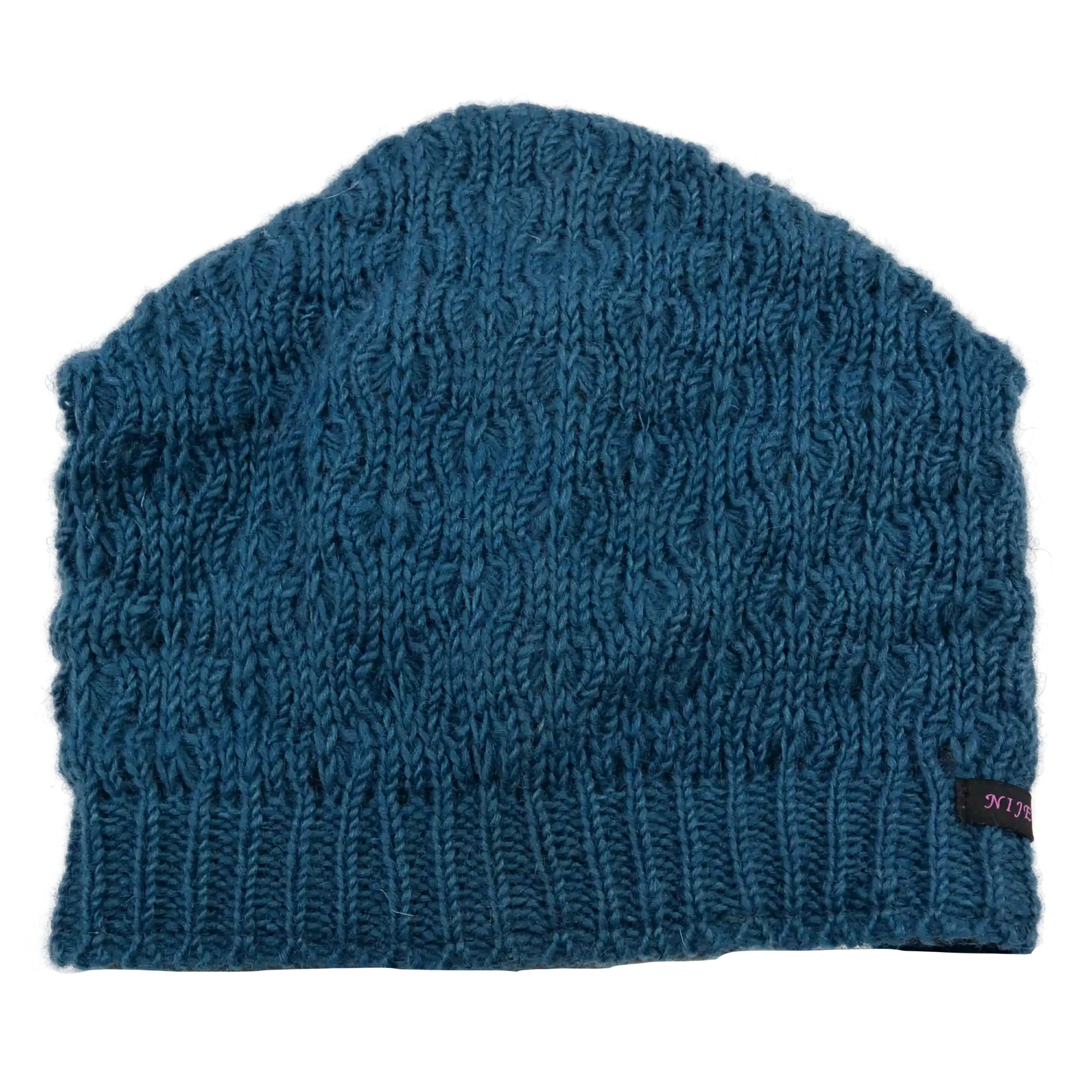 Long Beanie Mütze aus Schurwolle Hellblau mit Strickmuster.