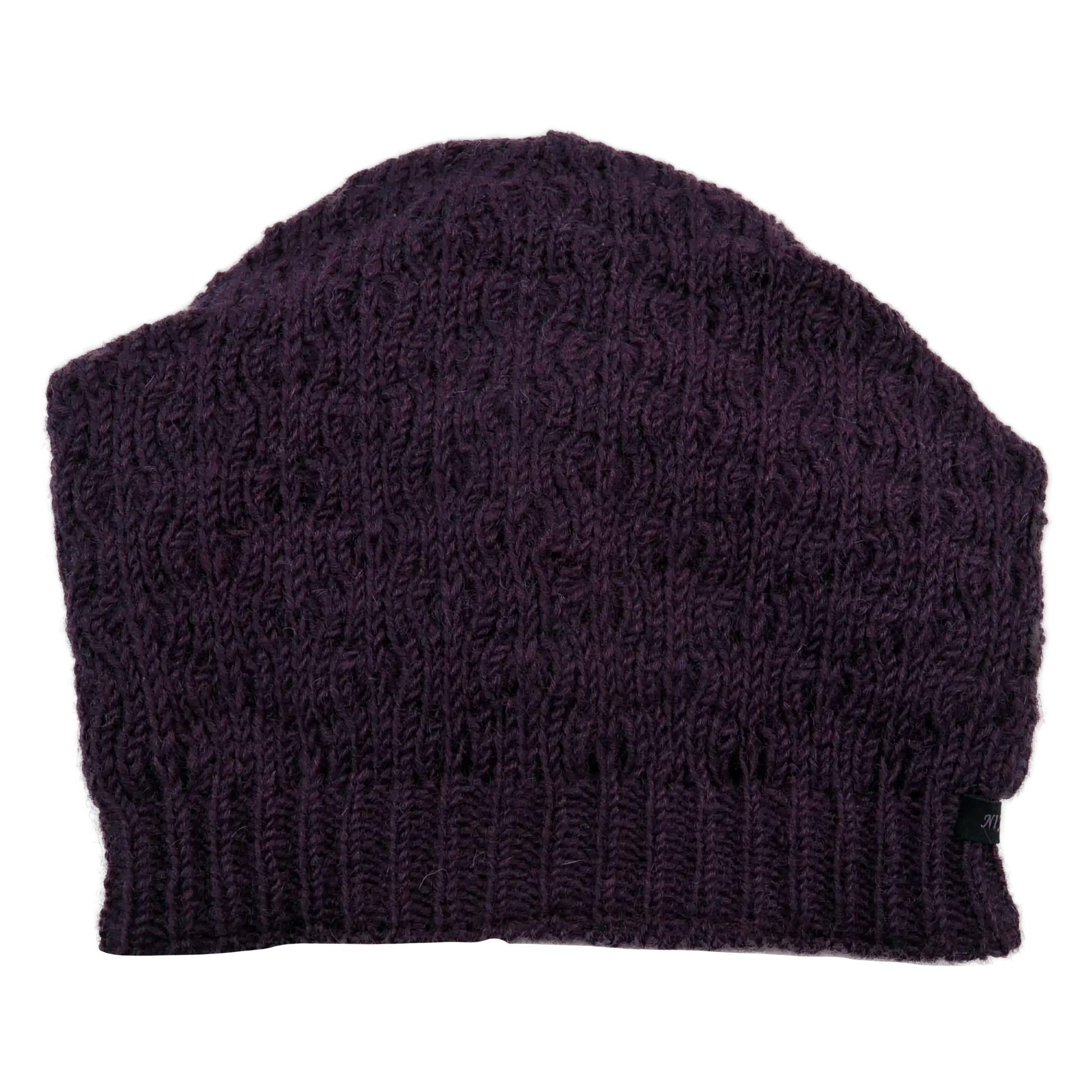 Long Beanie Mütze aus Schurwolle Violett  mit Strickmuster.