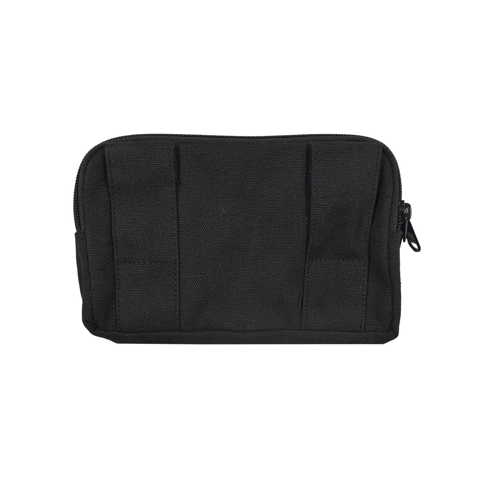 Beuteltsche aus Baumwolle schwarz. Die Tasche besitzt Reisverschlussfächer und ein Einsteckfach vorne und kann mit zwei Gürtelschlaufen auf der Rückseite an jeden Gürtel angebracht werden.