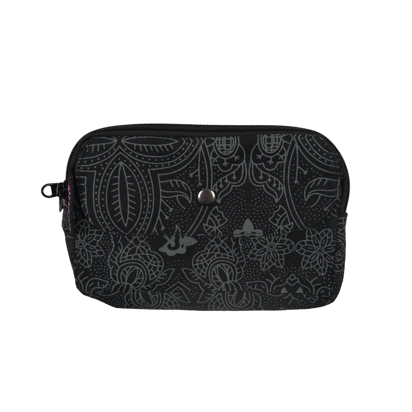 Beuteltsche aus Canvas schwarz mit floralem Muster. Die Tasche besitzt Reisverschlussfächer und ein Einsteckfach vorne.