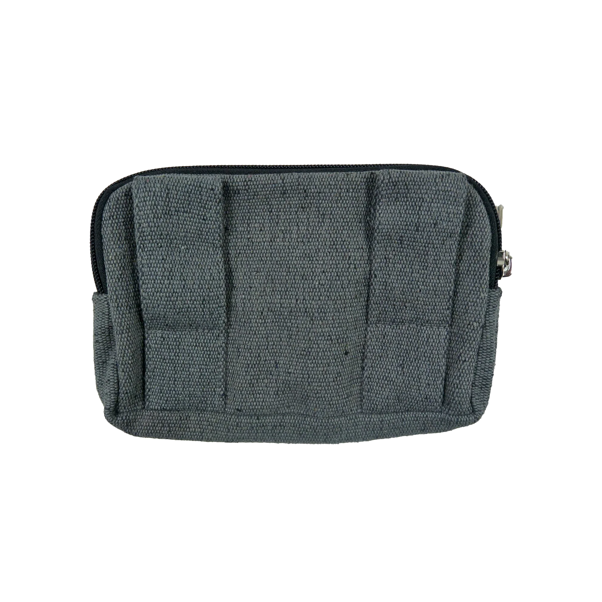 Beuteltsche aus Canvas grau. Die Tasche besitzt Reisverschlussfächer und ein Einsteckfach vorne und kann mit zwei Gürtelschlaufen auf der Rückseite an jeden Gürtel angebracht werden.