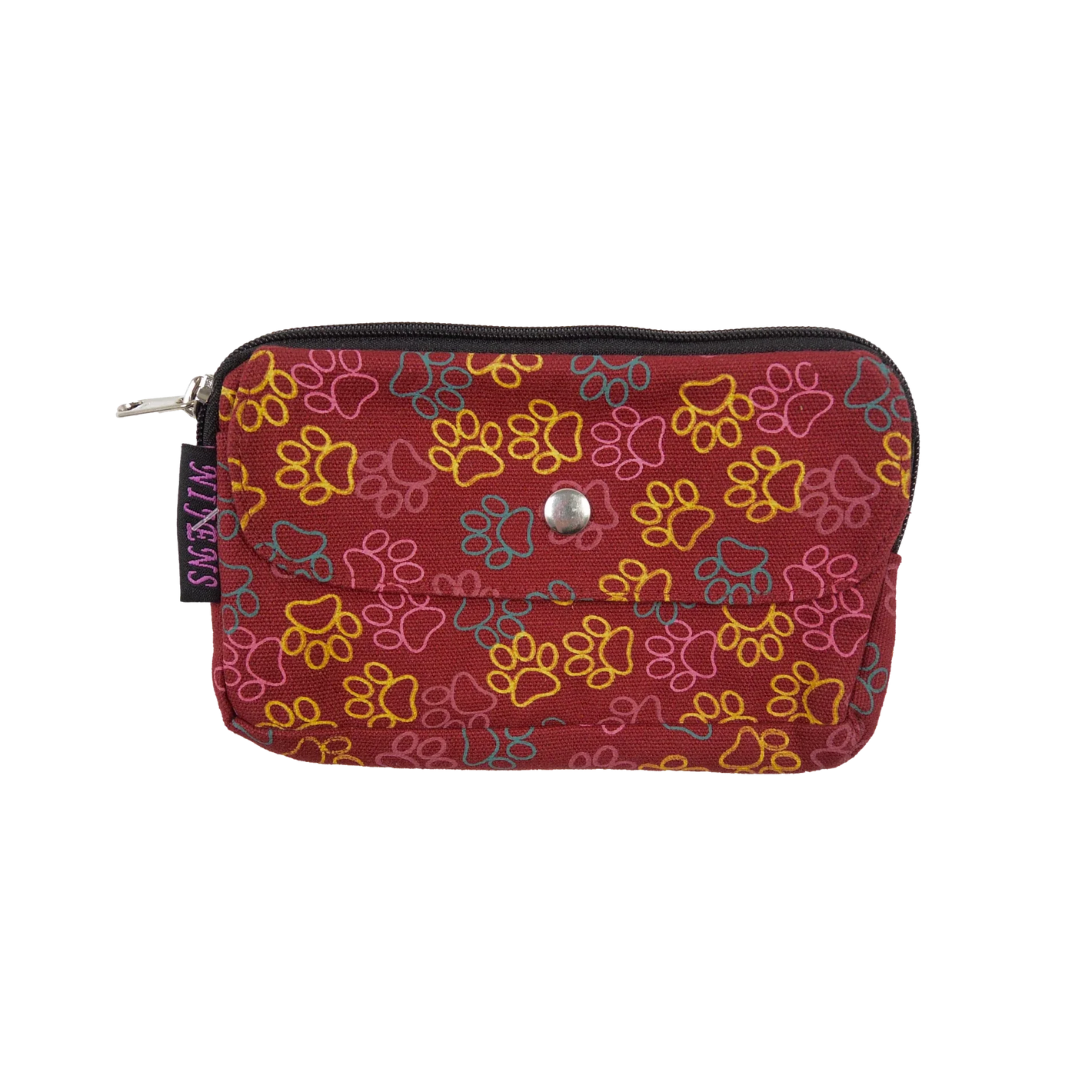 Beuteltasche aus Canvas rot mit Pfotenmotiven. Die Tasche besitzt Reisverschlussfächer und ein Einsteckfach vorne.