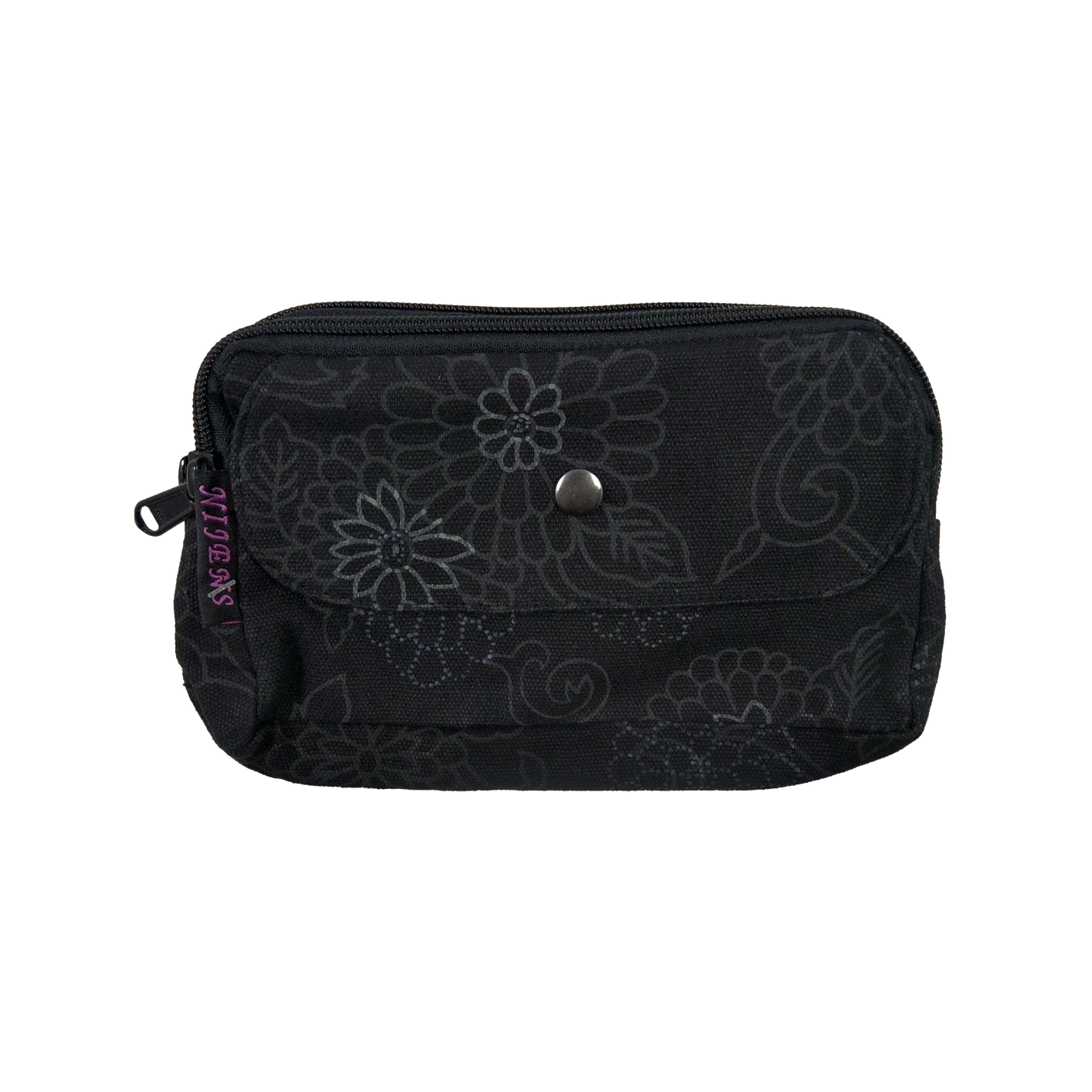 Beuteltasche aus Canvas, schwarz mit floralen Ornamenten. Die Tasche besitzt Reisverschlussfächer und ein Einsteckfach vorne.