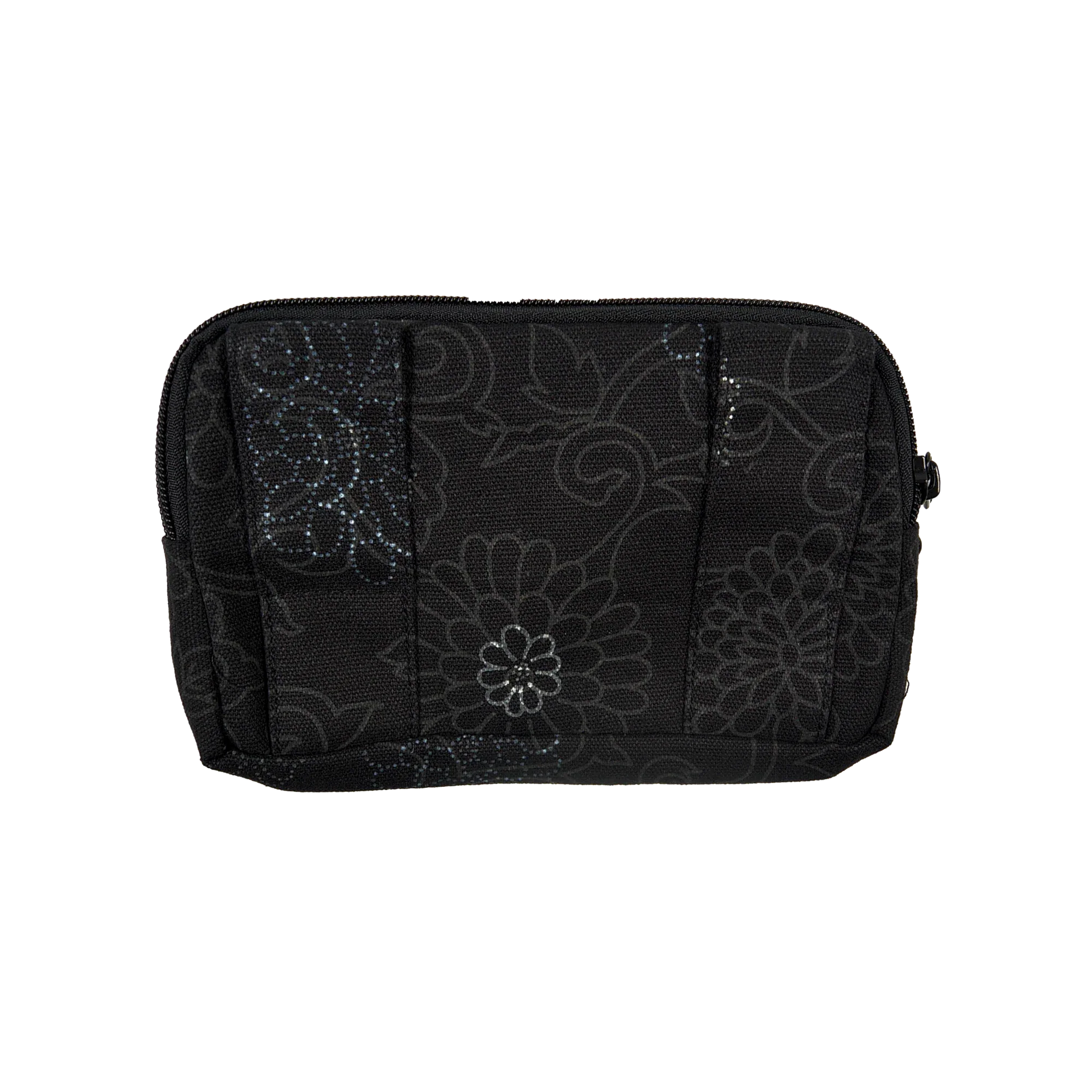 Beuteltsche aus Canvas, schwarz mit floralen Ornamenten. Die Tasche besitzt Reisverschlussfächer und ein Einsteckfach vorne und kann mit zwei Gürtelschlaufen auf der Rückseite an jeden Gürtel angebracht werden.