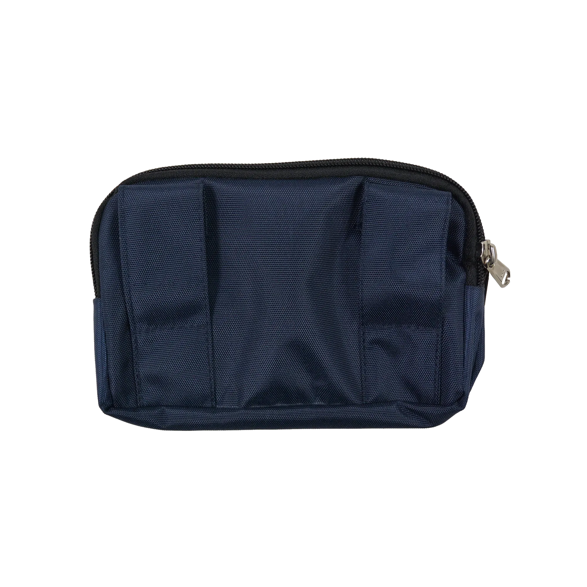 Beuteltasche aus wasserabweisendem Stoff, dunkelblau. Die Tasche besitzt Reisverschlussfächer und ein Einsteckfach vorne und kann mit zwei Gürtelschlaufen auf der Rückseite an jeden Gürtel angebracht werden.