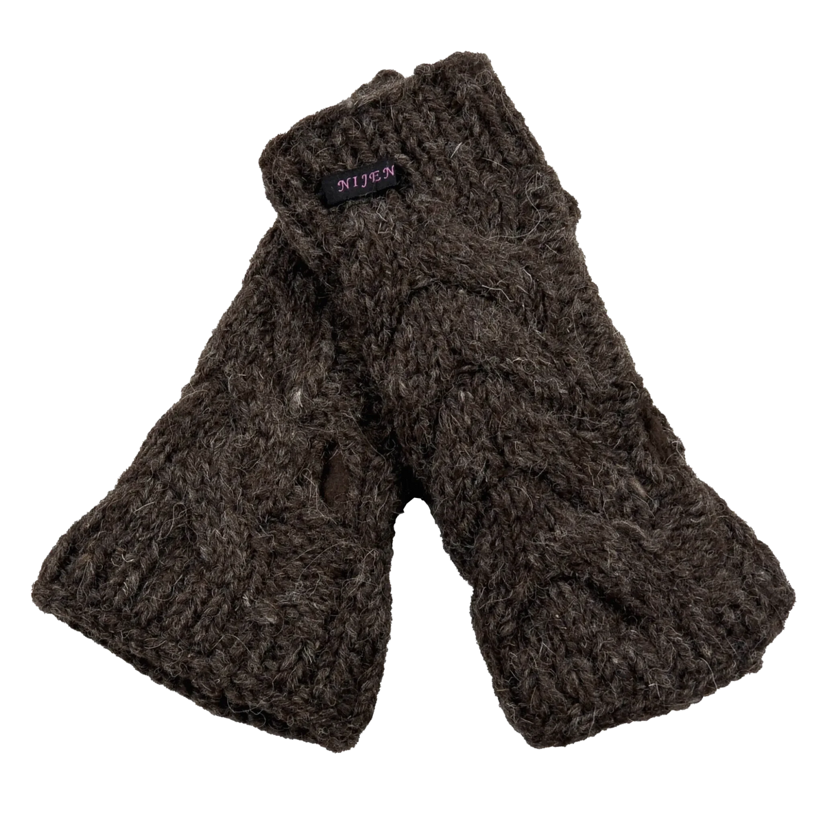 Schurwolle Strickstulpen, Pulswärmer Zopfstrickmuster Dunkelbraun mit Schlitz für Daumen.