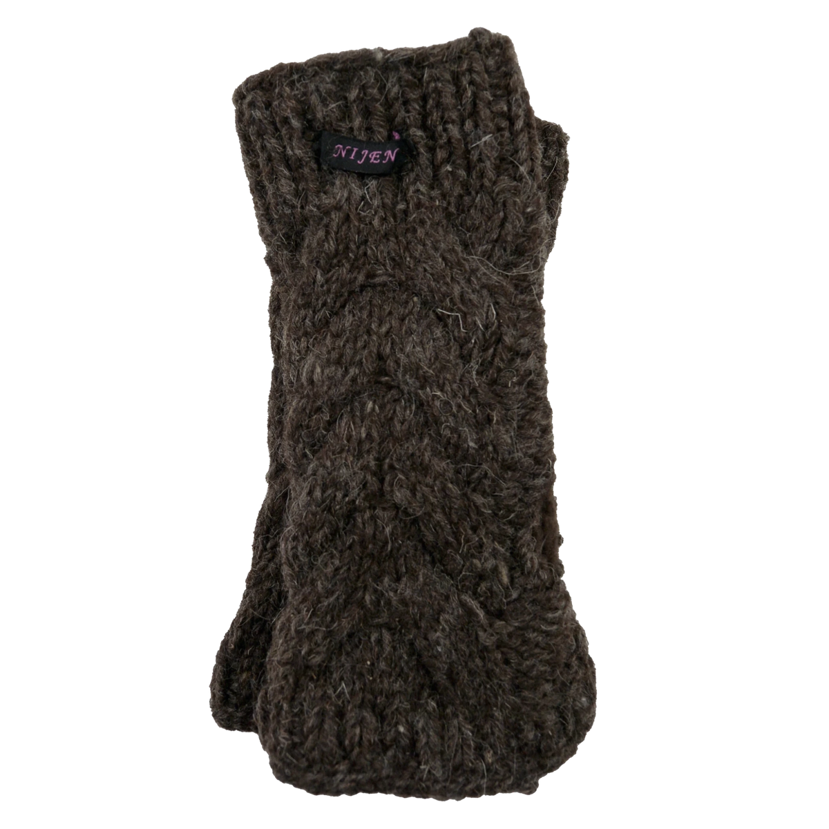 Schurwolle Strickstulpen, Armstulpen Zopfstrickmuster Dunkelbraun mit Schlitz für Daumen.