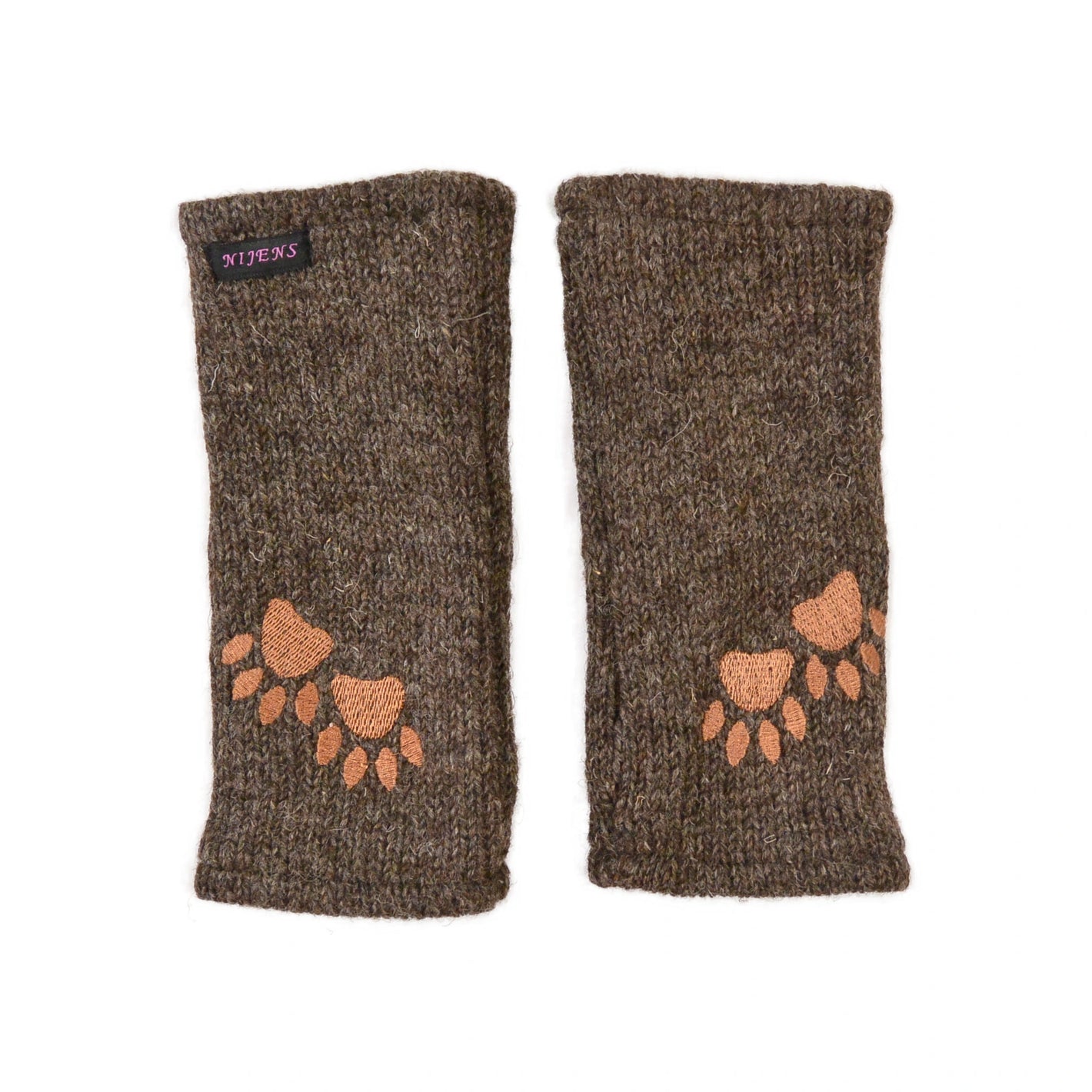 Pulswärmer, Armstulpen mit Zwei-Pfoten-Stickerei aus Schurwolle braun und Fleeceeinsatz. 
