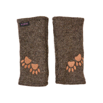 Pulswärmer, Armstulpen mit Zwei-Pfoten-Stickerei aus Schurwolle braun und Fleeceeinsatz. 