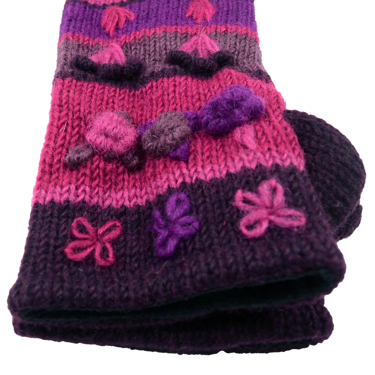 Nijens Pulswärmer aus Schurwolle in Pink, Lila und Bordeaux mit dekorativen Blumenstickereien und 3D-Blüten, fingerlose Handschuhe mit Daumen.