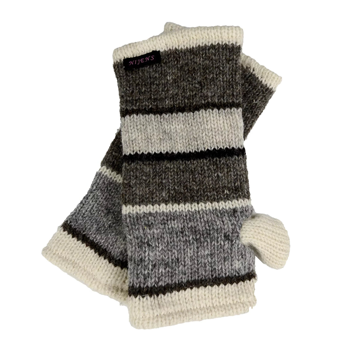 Nijens Pulswärmer aus Schurwolle in Grau und Weiß – fingerlose Strickhandschuhe mit Daumen