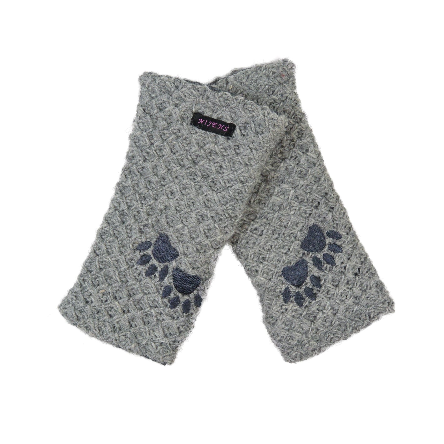 Handgestrickte Pulswärmer, Armstulpen mit Zwei-Pfoten-Stickerei aus Schurwolle in Hellgrau. Innenfutter: Fleeceeinsatz. Spalt für Daumen.