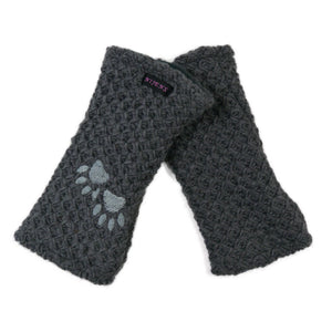 Dunkelgraue Pulswärmer aus Schurwolle und Pfotenmotiv – warme Handstulpen mit Fleecefutter