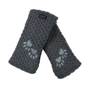 Dunkelgraue Pulswärmer aus Schurwolle und Pfotenmotiv – warme Handstulpen mit Fleecefutter für kalte Tage
