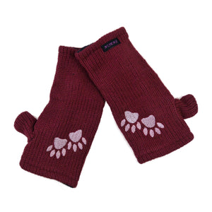 Bordeauxrote Pulswärmer mit Daumen aus Schurwolle und Pfotenstickerei – warme Handstulpen für kalte Tage