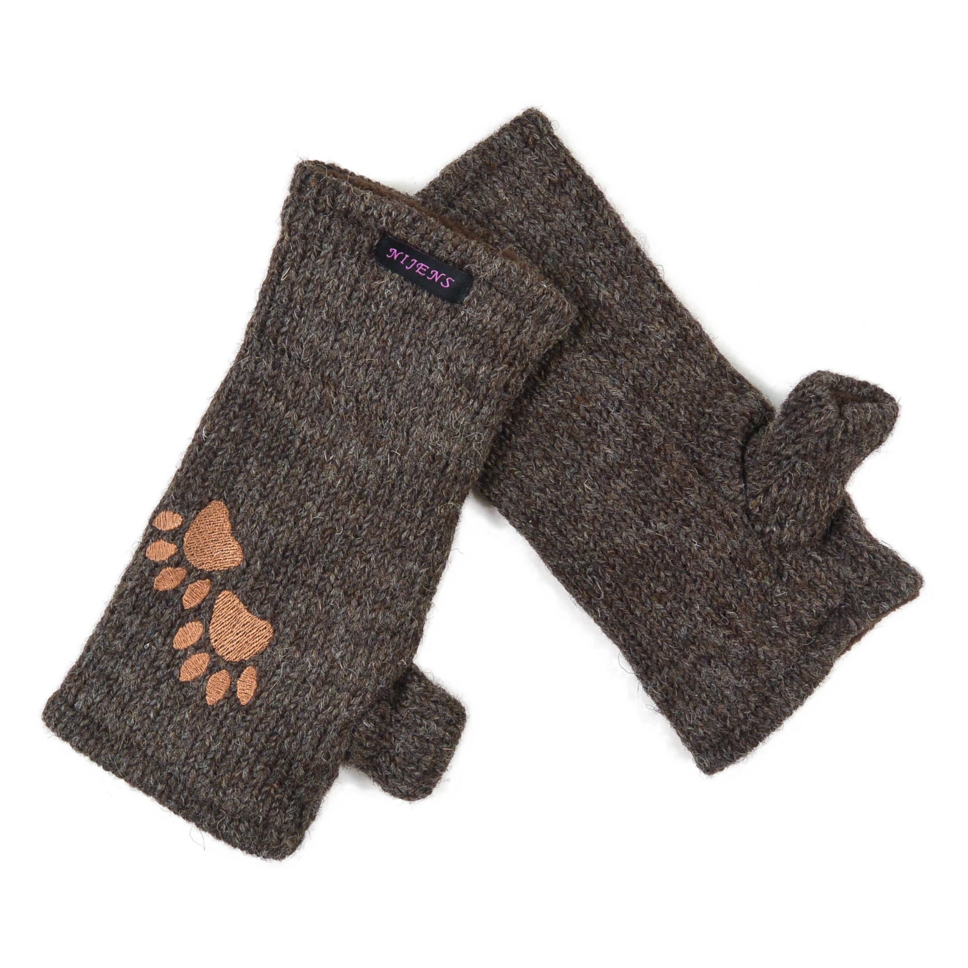 Braune Pulswärmer mit Daumen aus Schurwolle und aufgesticktem Pfotenmotiv – warm gefüttert mit Fleece, ideal für Herbst und Winter