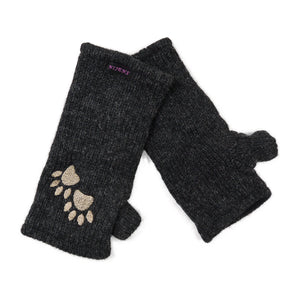 Dunkelgraue Pulswärmer mit Daumen aus Schurwolle und aufgesticktem Pfotenmotiv – warm gefüttert mit Fleece, ideal für Herbst und Winter