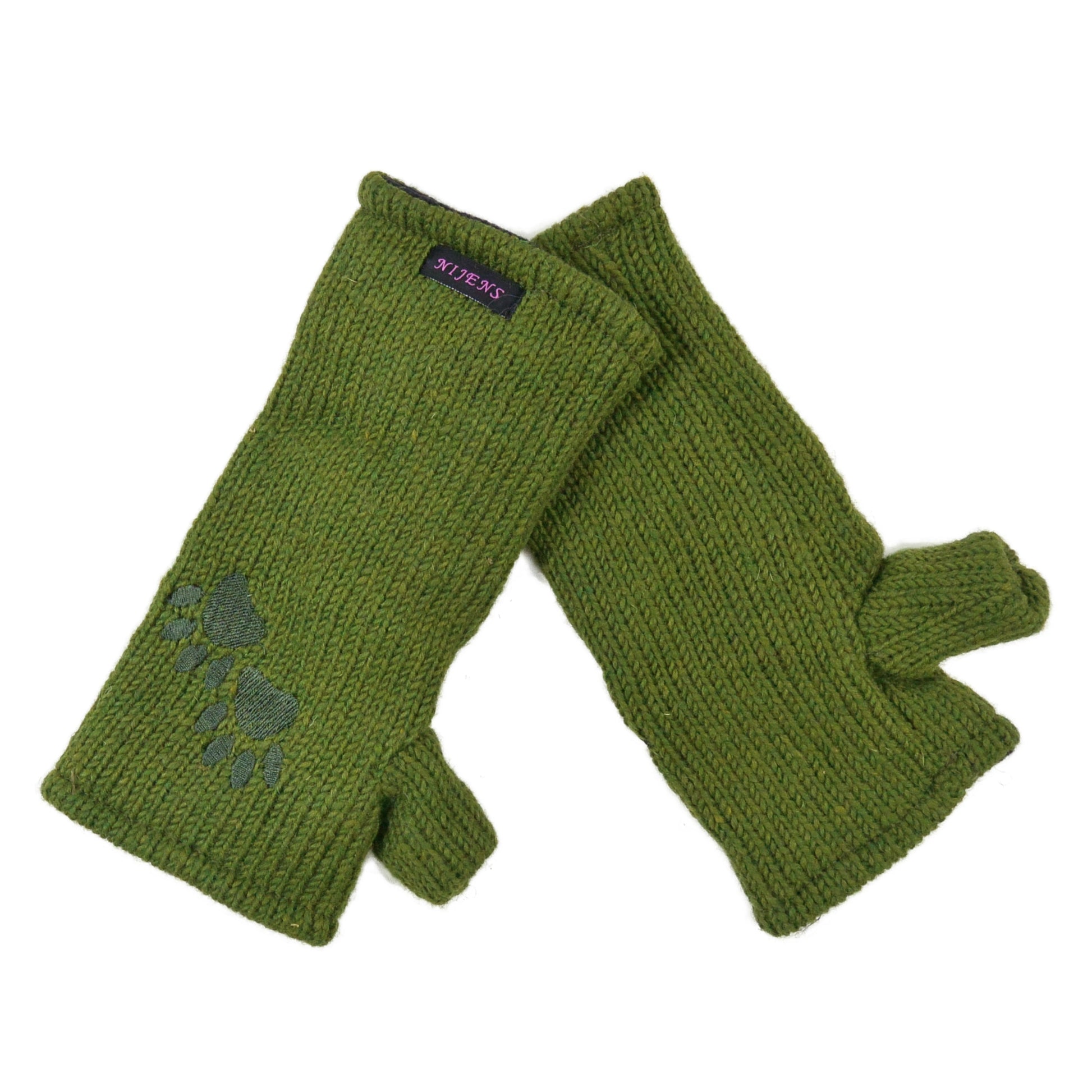 Olivgrüne Pulswärmer mit Daumen aus Schurwolle und Pfotenstickerei – warm gefüttert mit Fleece, ideal für Herbst und Winter