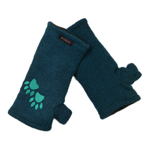 Petrolblaue Pulswärmer mit Daumen aus Schurwolle und Pfotenstickerei – warm gefüttert mit Fleece, ideal für Herbst und Winter