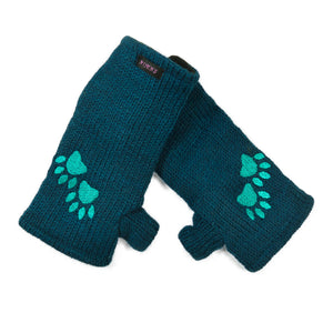 Petrolblaue Pulswärmer mit Daumenloch aus Schurwolle, mit Pfoten bestickt – weiche Handstulpen für Gassigehen und Hundetraining